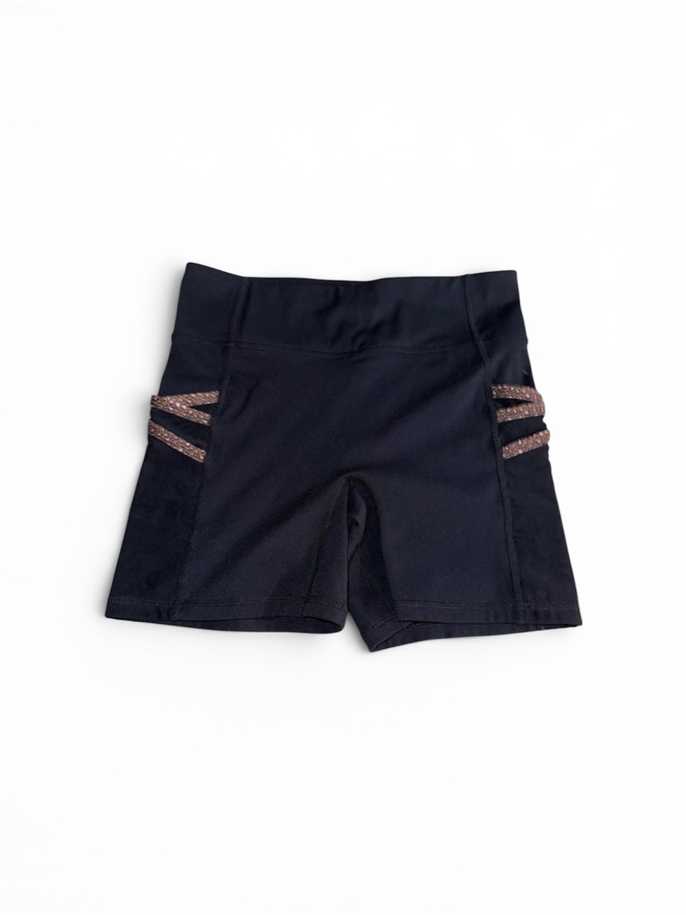 Fabletics Black Bike Shorts with Glitter Side Straps